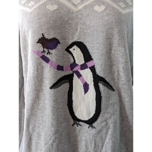 Women's Talbots Fair Isle Penguin Sweater Size XLp Petite Gray Heart Lightweight - Picture 2 of 8